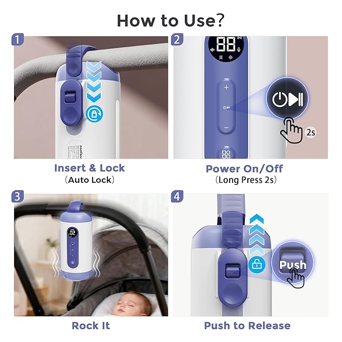 Rechargeable Hands-Free Baby Rocker & Sleep Soother – Portable Vibration Device with 6 Levels, 21 Melodies & Smart Sensor – Fits Most Strollers, Car Seats & Baby Gear, Travel Essential for Newborns