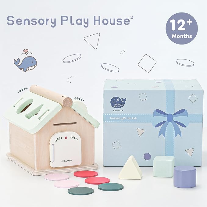 Wooden Toys for Babies 12 Months, Wooden Baby Drop Toys, 5 in 1 Object Permanence Box, Shape Sorting and Stacking Learning Toy, Sensory Play House for Toddlers Boys Girls 1 Years