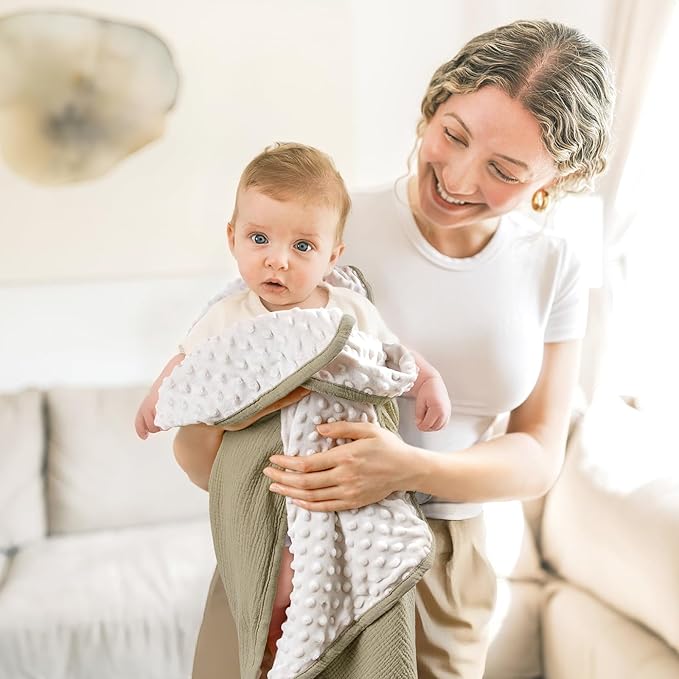 lulumoon Baby Blanket for Newborn Receiving: Minky Dot & Muslin Lightweight - Thermal Blanket Gift for Baby Shower & Hospital Welcoming 30"x40"（Olive）