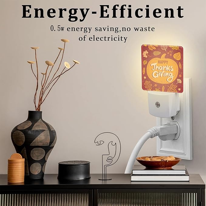 Happy Thanksgiving Night Light for Kids,Autumn Fall Orange Pumpkin Maple Leaf Night Light Plug in with Dusk to Dawn Sensor,0.5w Energy Saving Nightlight for Hallway Stairway Kitchen Bedroom