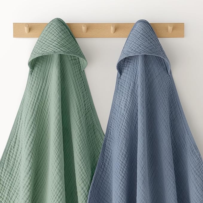 Looxii Baby Bath Towels 2 Pack Muslin Hooded Baby Towels for Newborn and Infants, 100% Cotton, Large 32x32Inch, Soft and Absorbent Blue+Green