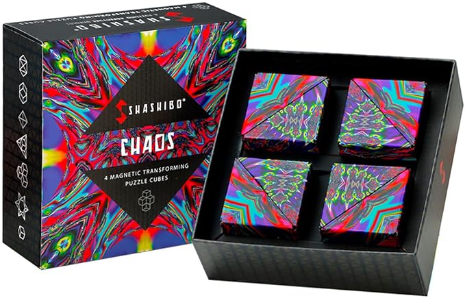 Shashibo Shape Shifting Box - Award-Winning, Patented Fidget Cube w/ 36 Rare Earth Magnets - Transforms Into Over 70 Shapes, Gift Box, Download Fun in Motion Toys Mobile App (Chaos, 4 Pack)