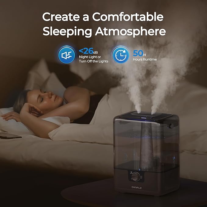 CHIVALZ Humidifiers for Bedroom, 6L Cool Mist Humidifiers for Baby Nursery, 26dB Quiet, 50H Runtime, Top Fill Humidifier for Large Room, Home, Plants, Nightlight, Oil Diffuser 1 Pack Black