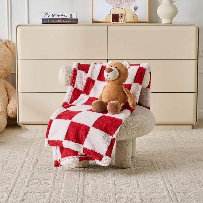 Fleece Baby Blanket for Girls 3D Checkerboard Design,Fluffy and Warm Cozy Infant Newborn Toddler Small Receiving Blankets for Crib Stroller, 30x40 Inches,Christmas Red