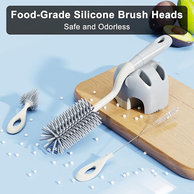 Silicone Bottle Brush Set with Stand, 360° Rotating Bottle Cleaning Brush Cleaner Set, Long Handle 3 in 1 Multipurpose Silicone Baby Bottle Straw Cleaner Brush (Grey)