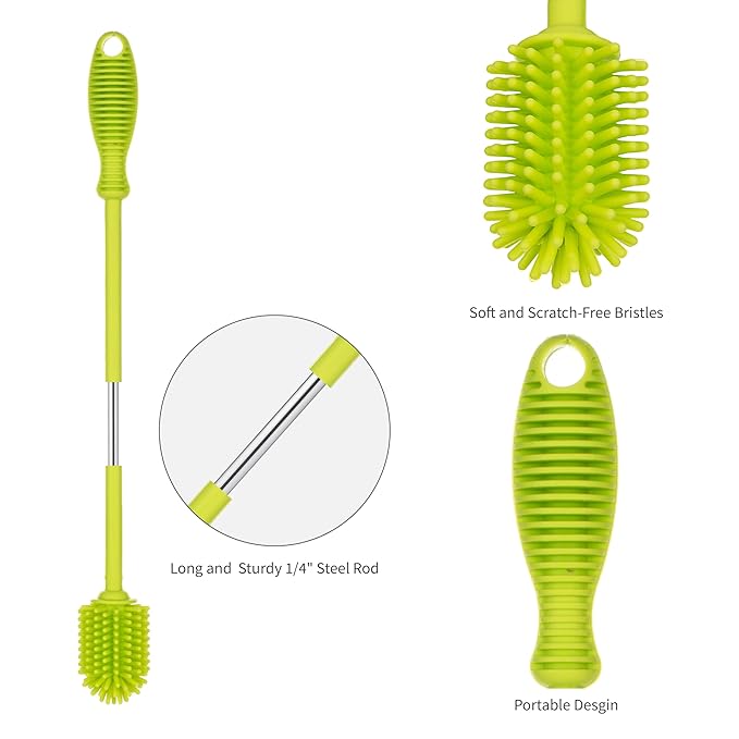 A-Brush Silicone Bottle Cleaner Brush, Flexible, Long Handle - Water Bottle Cleaner, Baby Bottle Nipple Brush for Plastic & Glass, BPA-Free Dish Washing Brush A2S Protection
