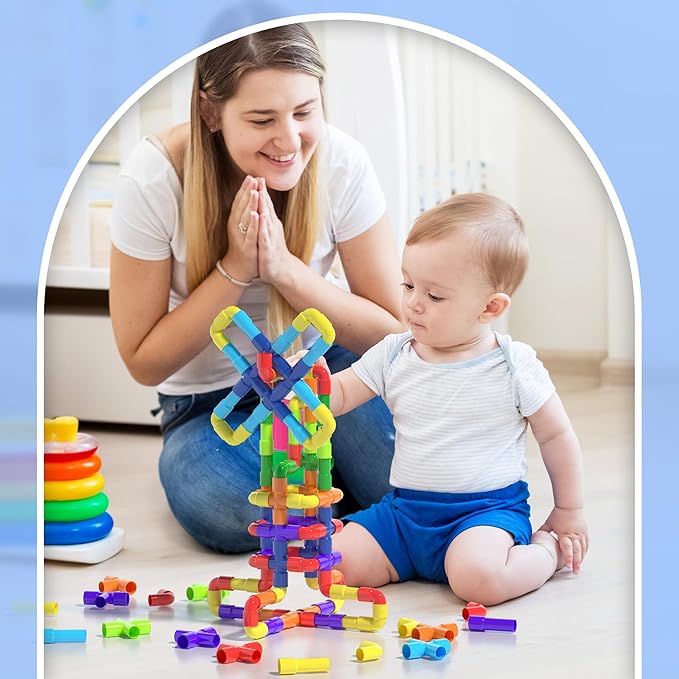 STEM Building Toy for Toddlers 200Pieces Tube Pipe Toy,Educational Preschool Game for 3+ Years,Learning Building Blocks Play with Storage Box Gift Kit,Montessori Toys for Boys & Girls