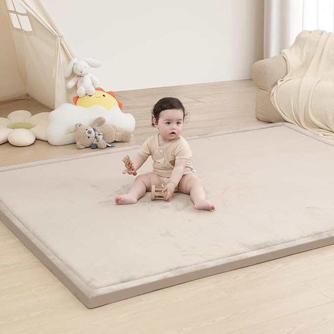 Baby Play Mat for Floor,1.3" Thick Elasti Foam Tummy Time Mat,Soft Coral Velvet Nursery Rug,79"×118" Extra Large Non Slip for Crawling,Toddlers,Infants,kids,Tatami Style for Living Room,Classroom,Playroom(Beige)