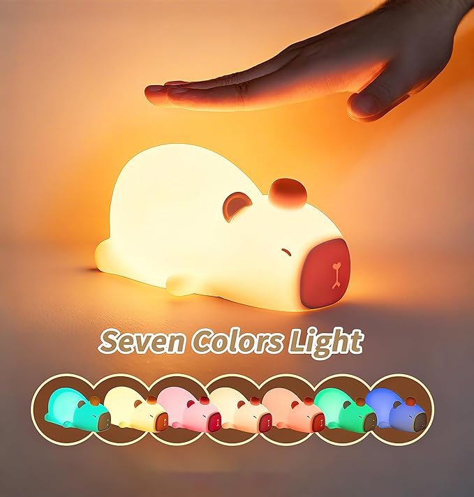 XunYang Cute Night Light for Kids Capybara Lamp, 3 Levels 7 Colors Tap Silicone Dimmable Nursery Nightlight for Boys Girls, USB Rechargeable Capybara Night Lamp for Bedroom - Yellow