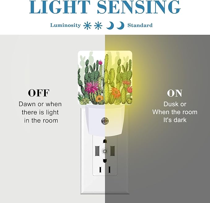 Green Succulents and Cactus Plants Night Light Plug into Wall with Dusk to Dawn Sensor Cute Nightlight for Kid Girls Boys Women Men Room Decor, Hallway, Kitchen, Bathroom, Nursery, Stairs