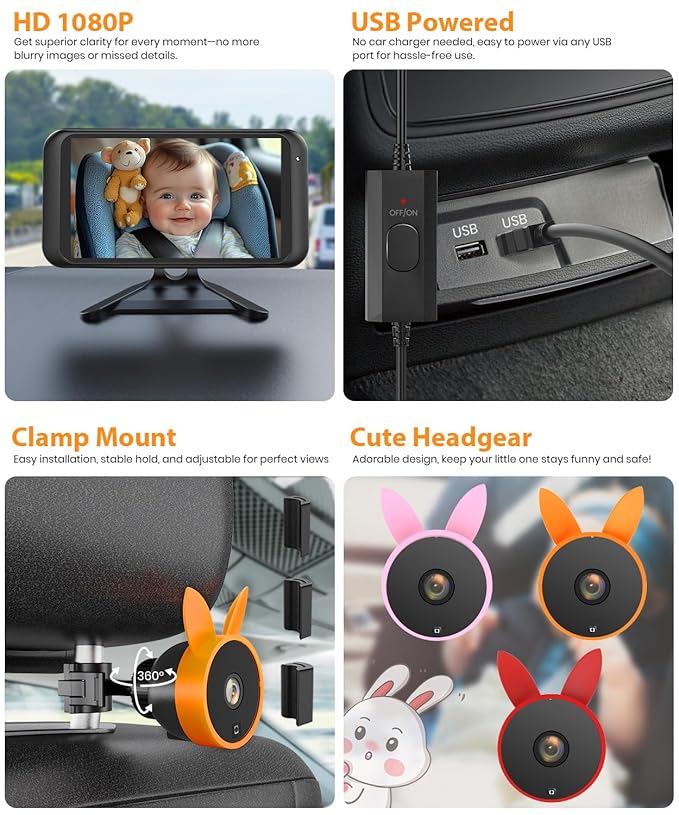 Babyvue BV2 USB Baby Car Camera Plug-Play, 4.5" 1080P Easy Setup Backseat Camera with Flexible 360 Rotation, Clear Picture Rear Facing Car Seat – Peace of Mind for Pet Owners and Parents