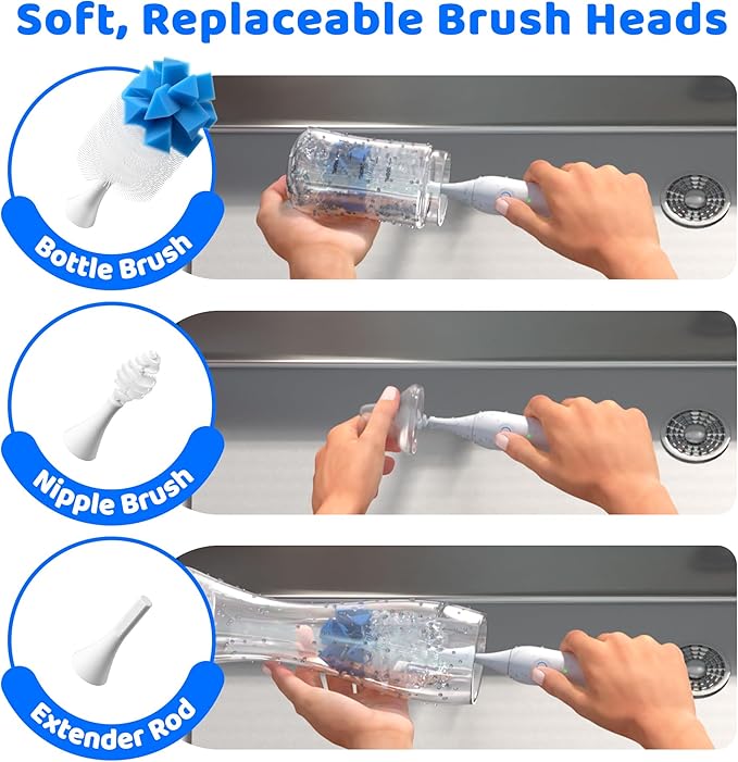 Electric Bottle Brush Cleaner, IPX7 Waterproof Baby Bottle Brush with Replaceable Nipple Cleaning Kit & Extender Rod, 2 Speed Modes, 360° Auto Cleaning, 2000mAh Battery, Rechargeable, Blue