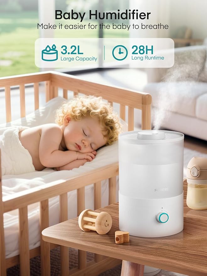 FOHERE Humidifier for Bedroom Baby, 3.2L Top Fill Cool Mist Humidifiers for Nursery, Home, 28H Ultra Quiet Runtime, Auto Shut-Off, Soft 7-Color Night Light, BPA-Free, Essential Oil Tray, White