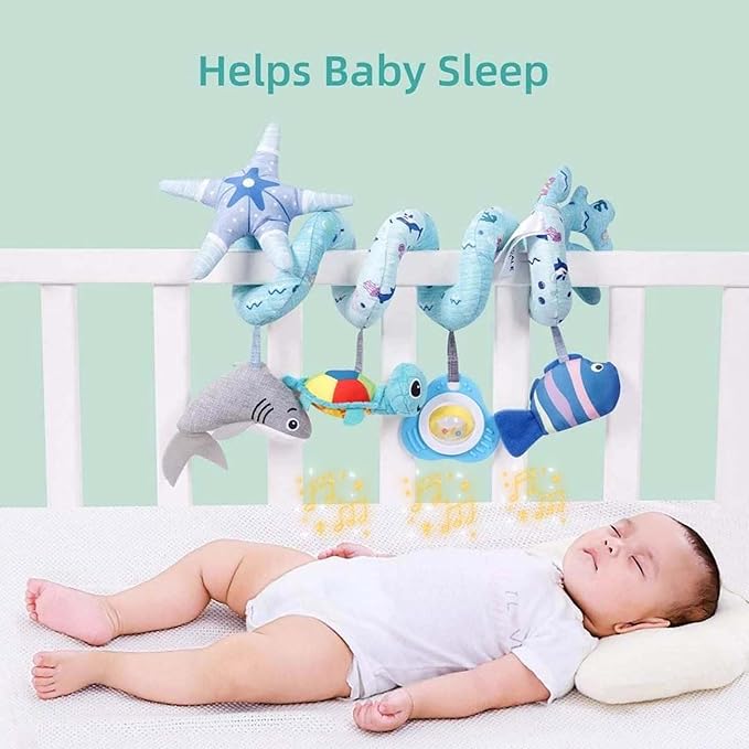 Deluxe 5-Piece Spiral Plush Toy Set - Cute Hanging Baby Rattle Animals including Shark Ideal Stroller, Crib Mobile, & Car Seat Toys for Babies 0-6 months up to 1 Year Coral Blue