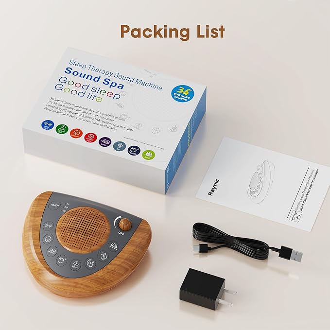 Raynic Noise Machine, Battery Powered Sound Machine, Portable Sleep Machine with 36 Natural Soothing Sounds, Timer, USB Port, Headphone Jack for Baby, Kids, Adults, Travel, Office (Yellow Wood Grain)