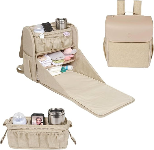 Diaper Bag Backpack Convertible - 800D Reinforced Stitching -Full Open Cabinet and Padded Changing Station, Removable Caddy with Two Drink Holders and Angled Cell Phone Storage for Viewing, Black