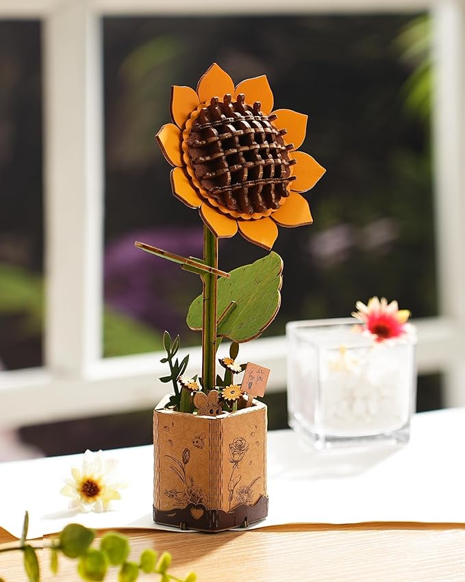 3D Flower Wooden Puzzles for Adults-Sunflower, DIY Wooden Flowers Model Kit Building Set Crafts for Adults to Build, Botanical Collection/Ideal Creative Gift Ideas/Housewarming (86PCS)