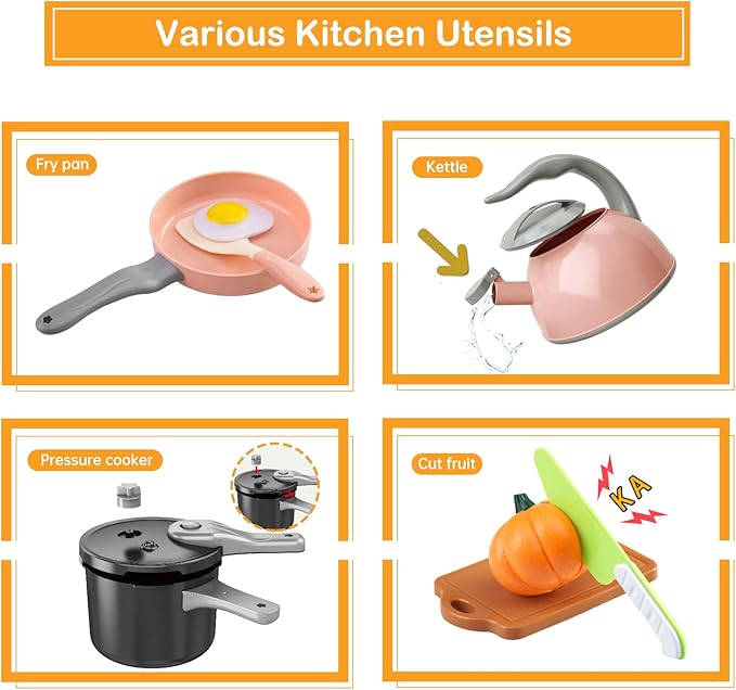 100Pcs Kitchen Playset, Kids Pretend Cooking Play Pots, Pans, Utensils, Cookware, Toy Food Fruits Veggies, with 2 Large Apple - Shaped Storage, Toddler Cooking Learning Gift(Pink)