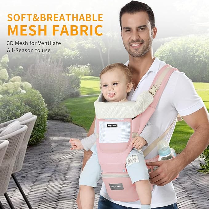 KIYUMI Baby Carrier with Hip Seat, Ergonomic M Position, Newborn to Toddler, Head Support and Breathable Mesh,Adjustable Removable 6- in-1 Baby Baby Sling Carrier (7-45 lbs) for Mom Dad, Pink