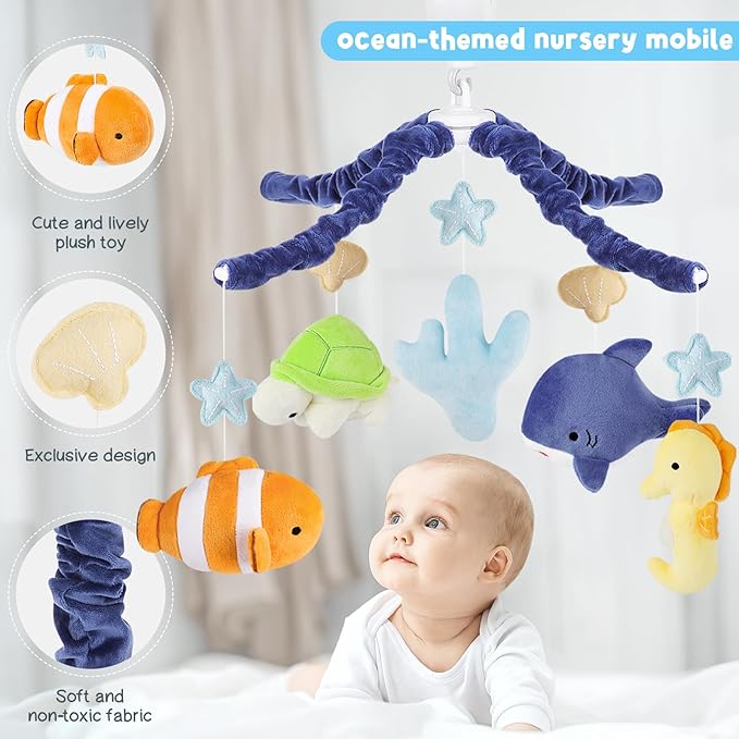 Ocean Crib Mobile - Musical Baby Mobile for Crib with 12 Lullabies for Boys & Girls, Sea Animals Baby Crib Mobile, Nursery Mobiles, Fits Standard Cribs