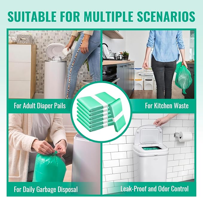 Diaper Bucket Replacement Bags, 2 Rolls Extra Thick, Leak-Proof &Odor Blocking, For Adult Diaper Systems, Diaper Pails, Toilet &Yard Waste, Thickened Diaper Pail Refill Bags Hold Up to 1546 Diapers