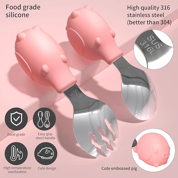 Deejoy Toddler Utensils - Stainless Steel Spoons and Forks, Kids Silverware Set with Travel Case (Pink)