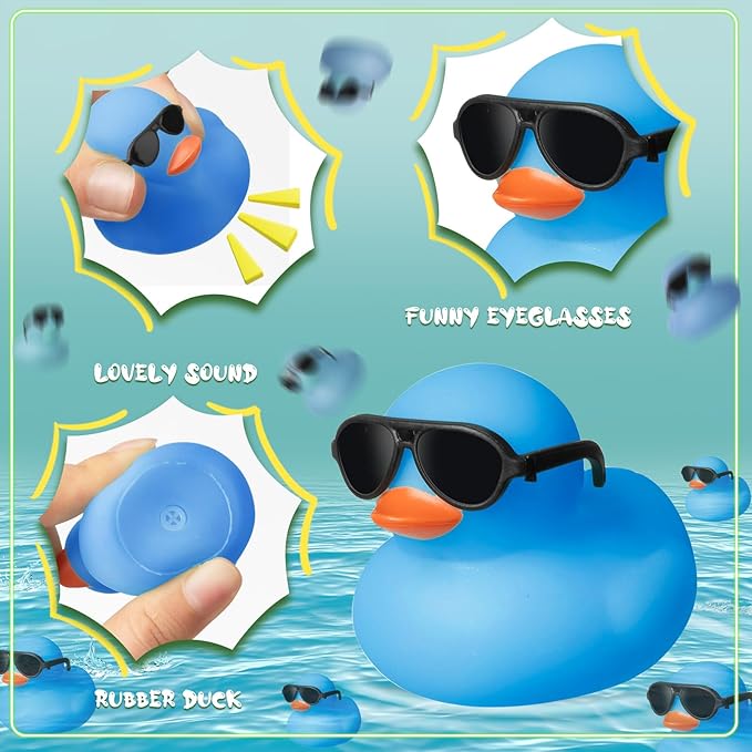 Meooeck 60 Pcs Glow in The Dark Mini Rubber Ducks with Sunglasses 2.2 Inch Squeaky Floating Bath Toys for Shower Kids Party,Blue