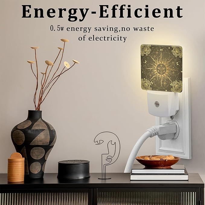 Boho Golden Sun Night Light for Kids, Mystical Astronomy and Astrology Night Light Plug in with Dusk to Dawn Sensor, 0.5w Energy Saving Sleep Friendly Nightlight for Hallway Stairway Kitchen Bedroom
