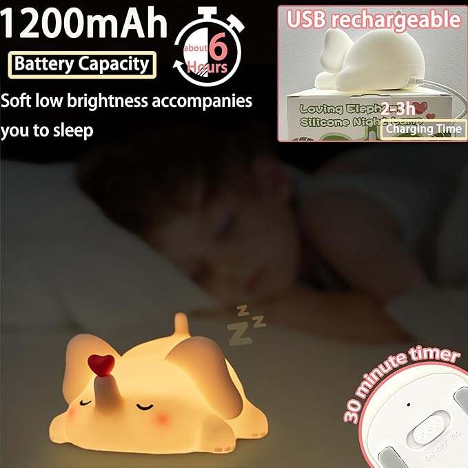 Silicone Elephant Night Light for Kids Room Dimmable Rechargeable Nursery Animal Nightlight Gifts for Women Girls Boys Room Decor 3 Level Brightness Toddler Bedroom Bedside Touch Lamp