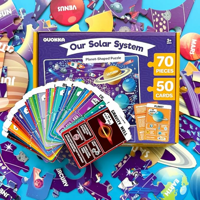 QUOKKA Solar System Puzzles for Kids Ages 4-6 - 70 Pcs Fun Kids Puzzles Ages 5-8 Preschool Floor Activities - Includes 50 Cards with 400+ Space Facts- Planet-Shaped Jigsaw Puzzle Gift for Girls Boys