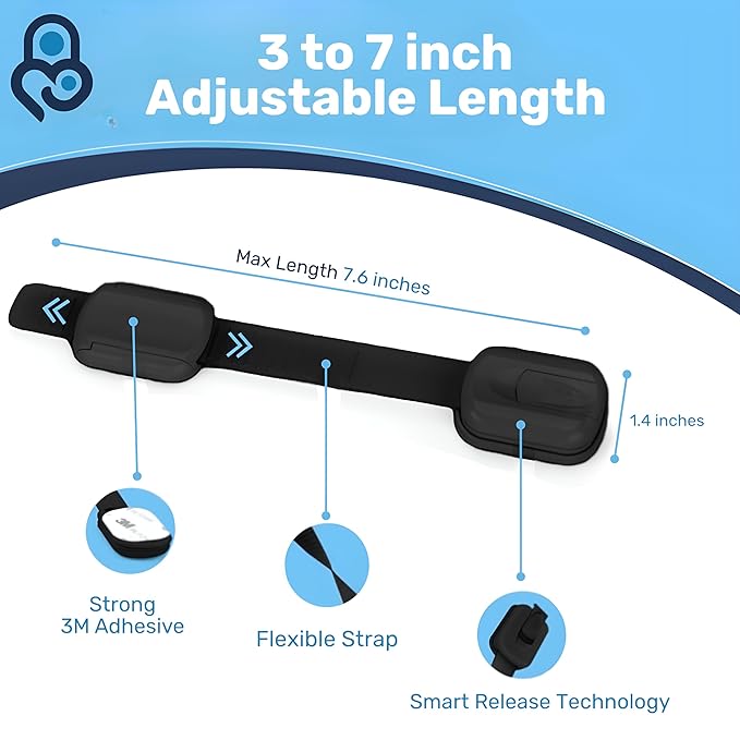3M Adhesive Child Safety Strap Locks by Baby Proof Me, Baby Latches for Cabinets, Dishwashers, Fridges, Ovens and Trash Cans, Stain Free Toilet Lock (6 Safety Latches)