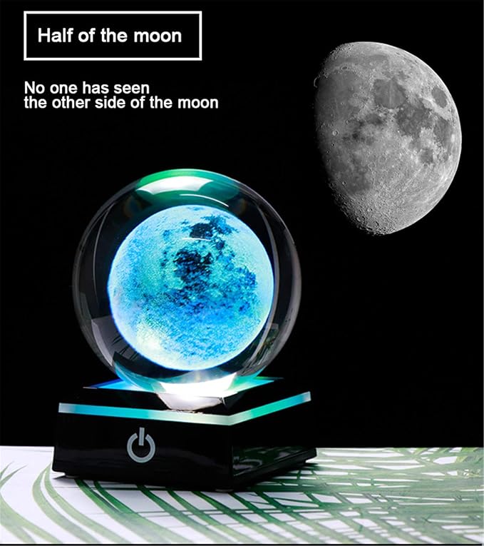 Qianwei 3D Moon Model Crystal Ball Led Lamp Base - Space Decor World Globe Planets Sphere Night Light 80mm 3.15 Inch - Solar System Decor Best Birthday Astronomy Gifts for Men Physics Science Teacher