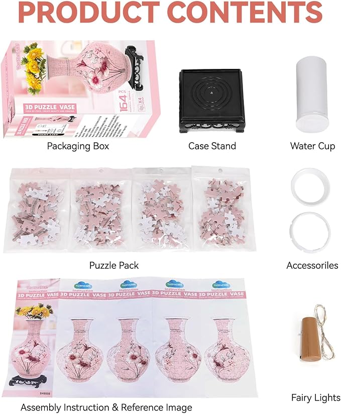 3D Puzzles Vase for Adults, Crafts for Adults, 164 Pieces Plastic DIY Unique Flower Vase with LED Light House Warming Gift Birthday Gifts for Flower Arrangements and Home Decor (Pink)