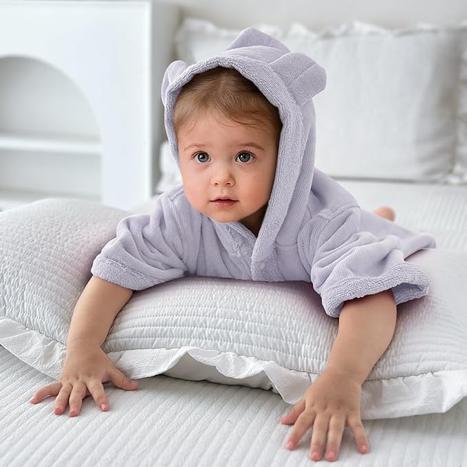 VOOVA & MOVAS Baby Hooded Poncho Towel with Bear Ear, 0-3Years | 100% Cotton, Ultra-Soft & Absorbent | Gentle for Sensitive Skin, Bath, Pool Towel for Toddler | Newborn (Purple)