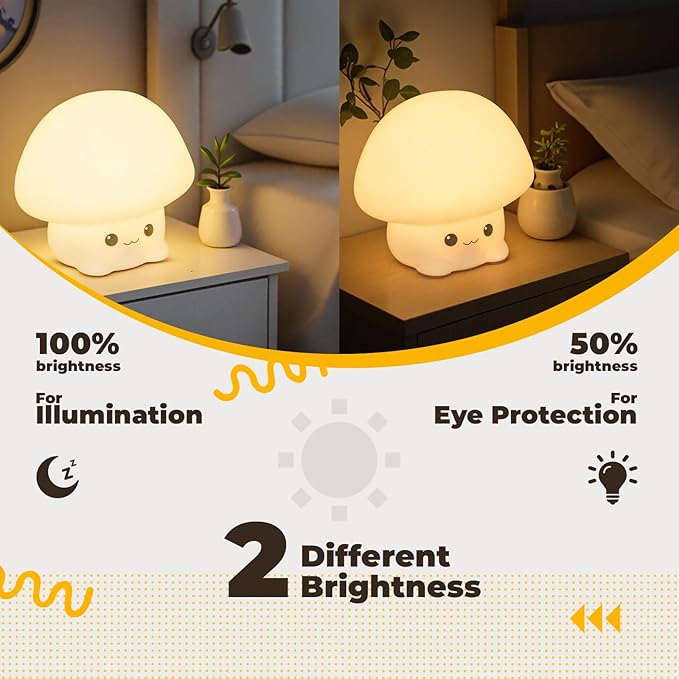 LED Squishy Animal Night Light - 2 Level Dimmable Nursery Lamp for Kids, Rechargeable Touch Lamp, Cute Dorm Decor - Perfect Baby Boys Girls Gift (Cartoon Mushroom)