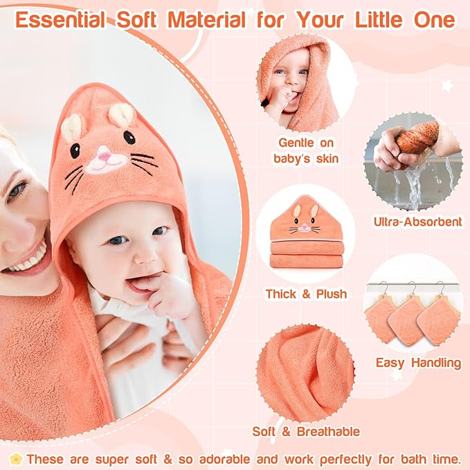 4 PCS Hooded Baby Towels, Soft Baby Towel, Absorbent Baby Bath Towel, Baby Towels and Baby Washcloths for Newborns, Toddlers, and Kids, 32x32 in Baby Towel with Hood for Boy and Girl (Orange Kitten)
