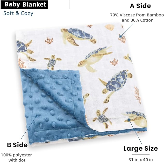 LifeTree Baby Blankets for Boys Girls, Soft Double Layer Swaddle Blankets, Muslin Front and Dotted Fleece Backing Receiving Bed Throw Blanket for Newborn Unisex, 31X40 Inches, Seaturtle