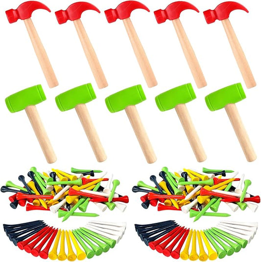 10 Pcs Kids Wooden Hammer Toy with 100 Pcs Colorful Wood Golf Tees, Small Plastic Hammer Simulation Hammers Educational Toys for Children Gift Birthday Party (Red and Green)