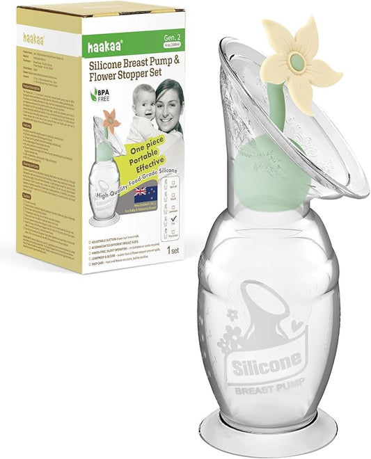 haakaa Manual Breast Pump with Flower Stopper Set, Gen.2 Silicone Hand Pump with Suction Base, BPA Free (4oz/100ml, Oat)