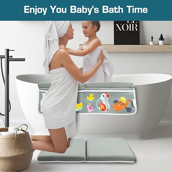 Bath Kneeler and Elbow Rest Pad, Thick Quick Dry Kneeling Pad, Elbow Support, Large Bathtub Kneeling Mat with Toy Organizer for Baby Bathing (Grey)