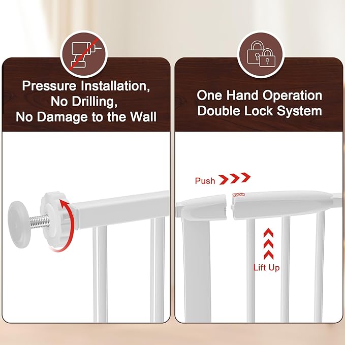 DEARBB Extra Wide Baby Gate Ultra Narrow Spacing 30.11-77.36" Pressure Mounted Double Lock Swing Auto Close Walk Through Metal Safety Pet Gate for Stairs and House Doorway Kitchen