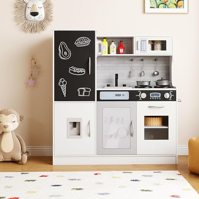HONEY JOY Upgrade 39 in Kids Kitchen Playset, Large Wooden Little Chef Pretend Toy Kitchen Set w/Chalkboard, Telephone, Utensils, Oven, Microwave, Sink, Storage, Play Kitchen for Toddlers (White)