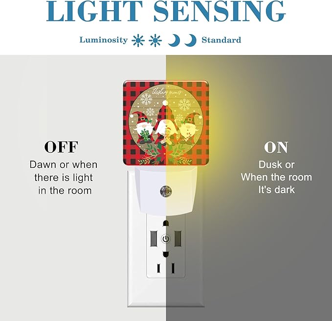 Christmas Gnome Red Black Plaid Night Light for Kids, LED Night Light Plug into Wall with Dusk to Dawn Sensor for Girls Boys Women Men Room Decor, Hallway, Kitchen, Bathroom, Nursery, Stairs