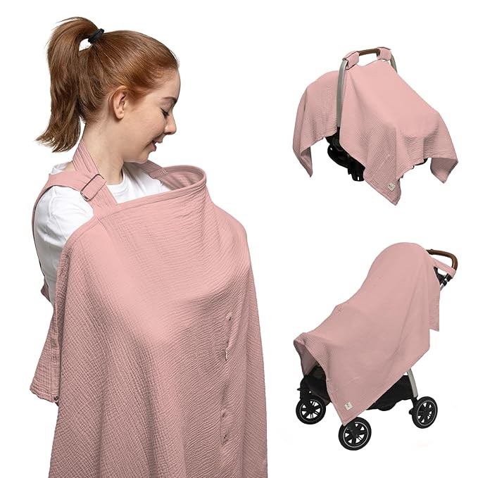 Nilsa 5-in-1 Muslin Nursing Cover up for Breastfeeding & Baby Car Seat Cover - Breathable Breastfeeding Cover With Rigid Hoop - 100% Cotton Privacy Apron Breast Feeding Covers For Women (Blush)
