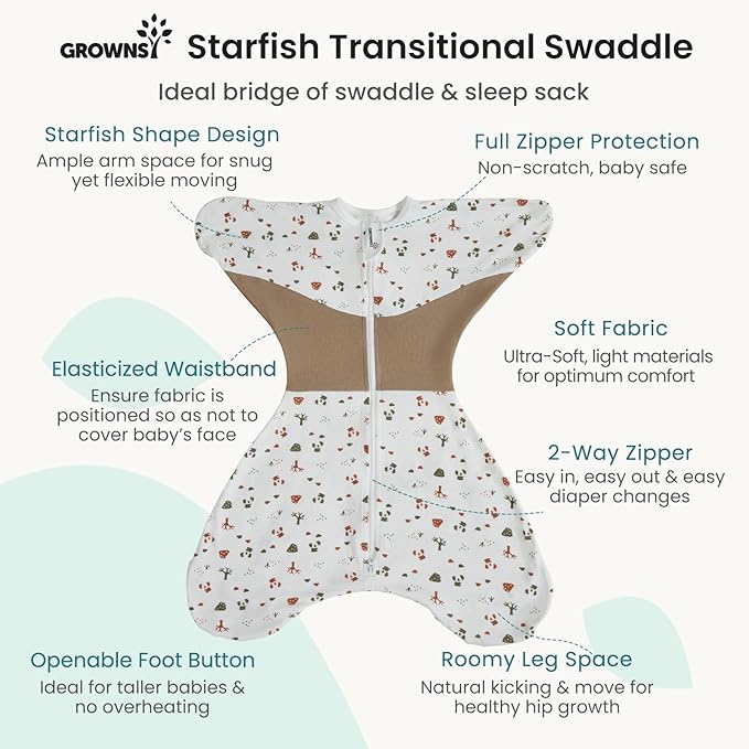 GROWNSY Transitional Swaddle Sleep Sack 3-6 Months, Starfish Design Baby Swaddle Sack, Dual-Zipper for Easy Diaper Changes, Proper Hip Development & Openable Foot Button, 12-20lbs, Bear Forest