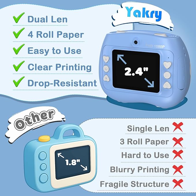 Instant Print Camera for Kids - Front Rear Dual Selfie Kid Print Camera, Fun Birthday Gift for Boys Ages 3-12, HD Digital Video Cameras, Easy to Use for Toddler - Blue