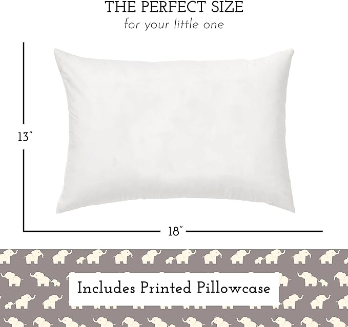Little Sleepy Head Toddler Pillow with Pillowcase 13x18 - Kids Pillow for Sleeping - Better Neck Support Ergonomic Pillow and Toddler Pillowcase - Best Pillows for Kids (Elephant Gray)