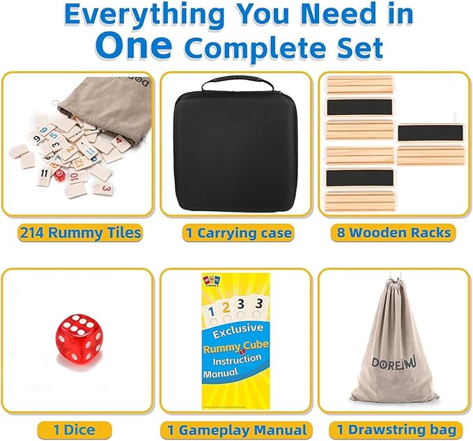 Upgraded Rummy Cube Game Set 6-8 Players with 8 Wooden Holders and 214 Rummy Tiles, Travel Family Board Game for Adults and Kids