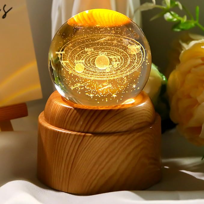 Ornalrist 3D Solar System 2.36“ Crystal Ball with Rotated Wood Bases, Space Decor Astronomy Gifts for Women Men Physics Enthusiasts Science Teacher Planet Lamp Universe Night Light