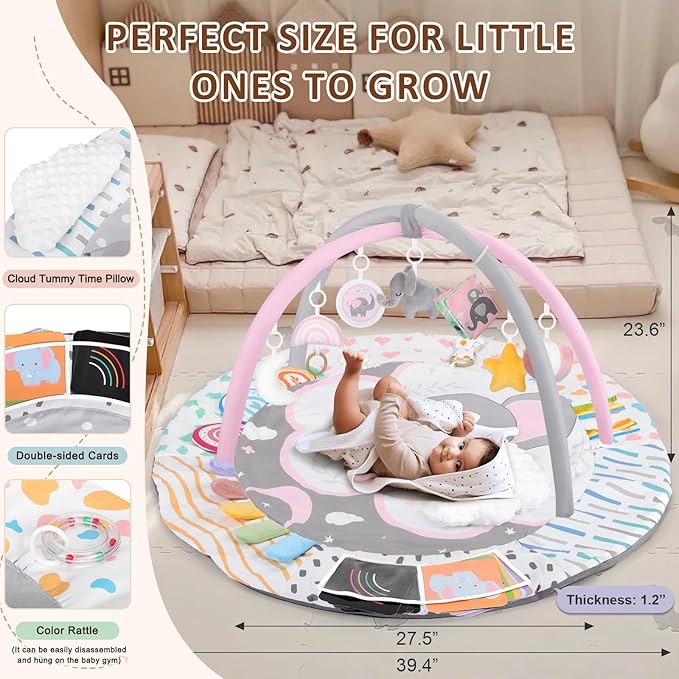 Baby Play Gym & Activity Mat, Tummy Time Mat with Tummy Time Pillow 7 Detachable Sensory Toys and Educational Cards for Motor Skills & Sensory Development, Baby Essentials Shower Gift, Pink Elephant